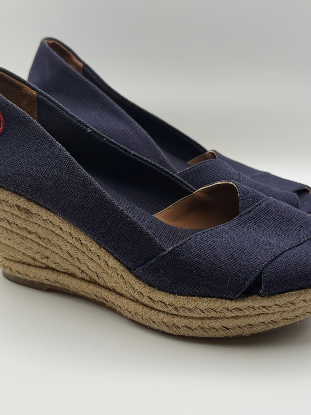 Tory Burch Navy Canvas Espadrille Wedge Peep Toe Heels Women’s 8 Coastal Preppy